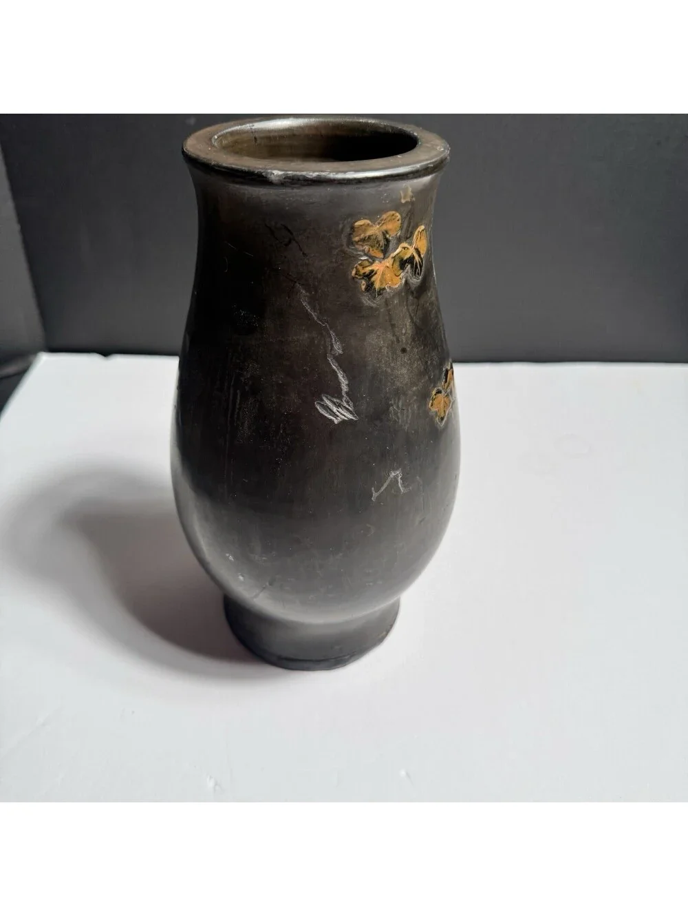 Vtg Japanese Black Lacquer Resin Vase Embossed Bird & Floral Design – 10” Tall